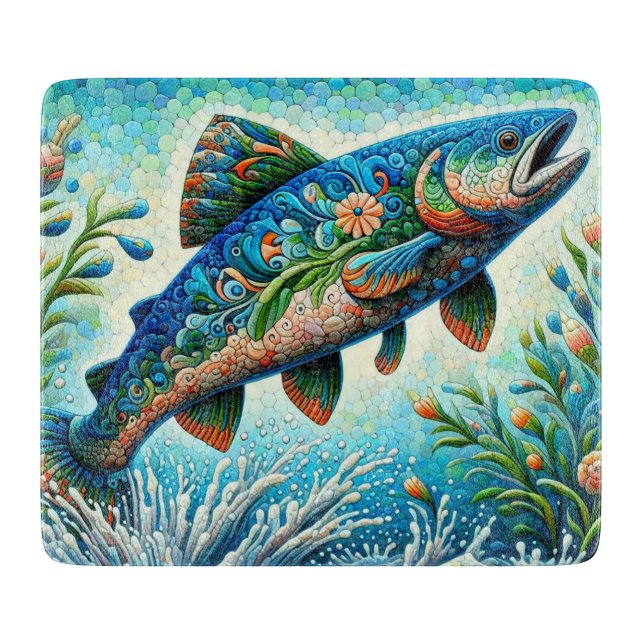 Planche À Découper Saumon Saut Mosaïque Floral Blue Green Peach (Devant)