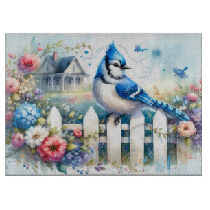 Planche À Découper Scène de clôture de jardin de cottage Blue Jay