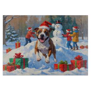 Planche À Découper Scène de neige festive de Noël avec Bull Terrier