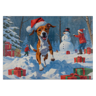 Planche À Découper Scène de neige festive de Noël avec un Basenji