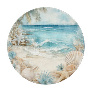 PLANCHE À DÉCOUPER SCÈNE DE PLAGE SABLEUSE BLEUE AVEC COQUILLAGES
