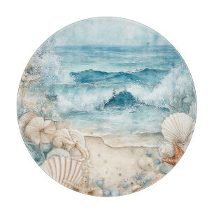 PLANCHE À DÉCOUPER SCÈNE DE PLAGE SABLEUSE BLEUE AVEC COQUILLAGES