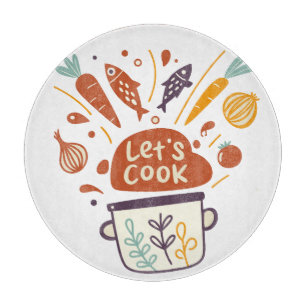 Planche À Découper Scène Whimsical Kitchen avec "Let’s Cook" Texte -