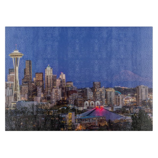 Planche À Découper Seattle, Downtown et Mt Rainier à Twilight (Devant)