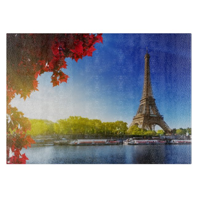 Planche À Découper Seine À Paris Avec Tour Eiffel En Automne (Devant)