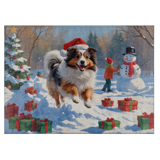 Planche À Découper Shetland Sheepdog Courir La Neige Avec Le Casquett (Devant)