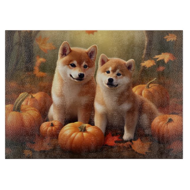 Planche À Découper Shiba Inu Chiot Automne Citrouille de plaisir (Devant)