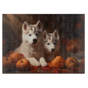 Planche À Découper Sibérie Husky Puppy Citrouille d'automne