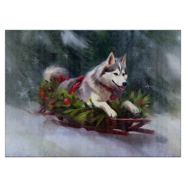Planche À Découper Sibérien Husky neige de Noël hiver (Devant)