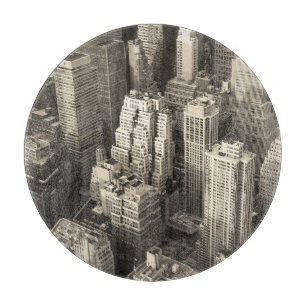 Planche À Découper Skyline de Manhattan, aérien noir et blanc.
