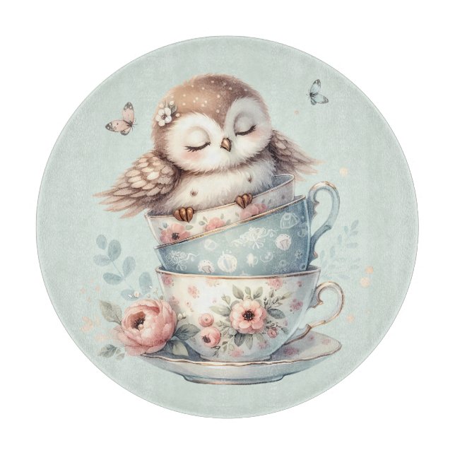 Planche À Découper Sleeping Owl in Stacked Floral Teacups (Devant)