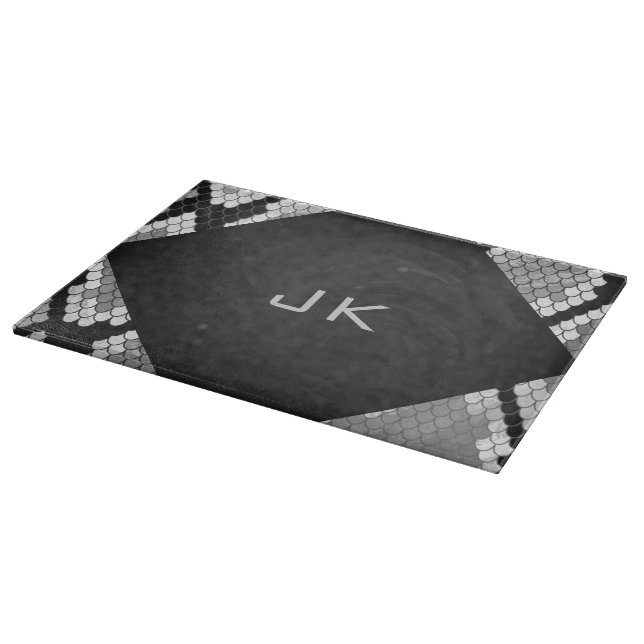 Planche À Découper Snakeskin Gris, blanc et noir Monogramme (Coin)