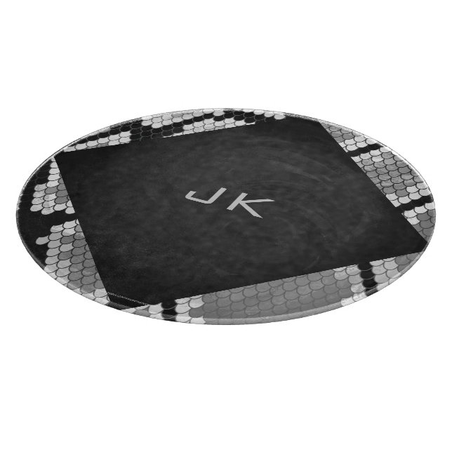 Planche À Découper Snakeskin Gris, blanc et noir Monogramme (Coin)