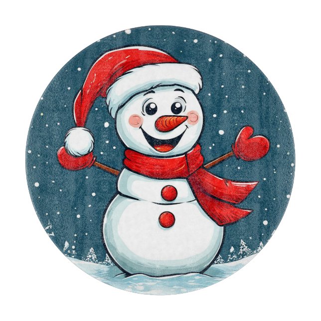 Planche À Découper Snowman joyeux à Santa Hat avec Écharpe (Devant)