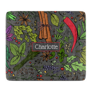 Planche À Découper Spices motif nom personnalisé gris