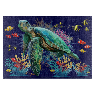 Planche À Découper Style d'aquarelle sous-marine de tortue marine