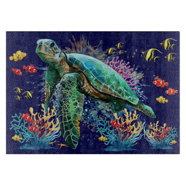 Planche À Découper Style d'aquarelle sous-marine de tortue marine (Devant)