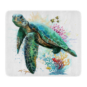Planche À Découper Style d'aquarelle sous-marine de tortue marine