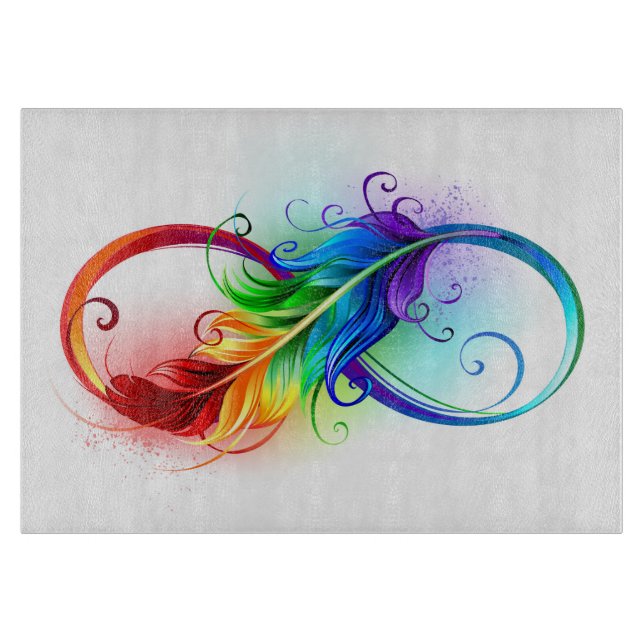 Planche À Découper Symbole d'infini avec plume arc-en-ciel (Devant)