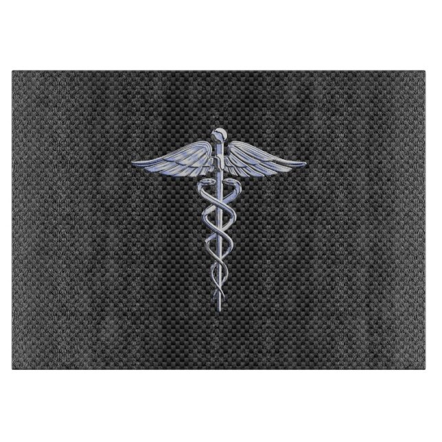 Planche À Découper Symbole Médicale Chrome Caduceus Fibre de carbone  (Devant)