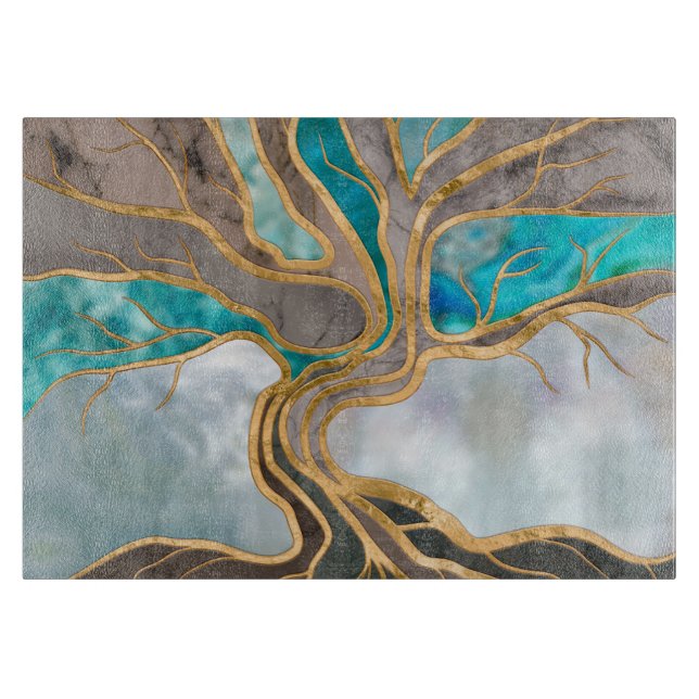 Planche À Découper Taupe et marbre turquoise Arbre de vie (Devant)