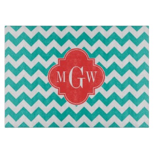 Planche À Découper Teal White Chevron Coral Quatrefoil 3 monogram
