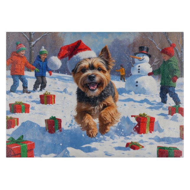 Planche À Découper Terrier tibétain coule dans la neige avec Casquett (Devant)