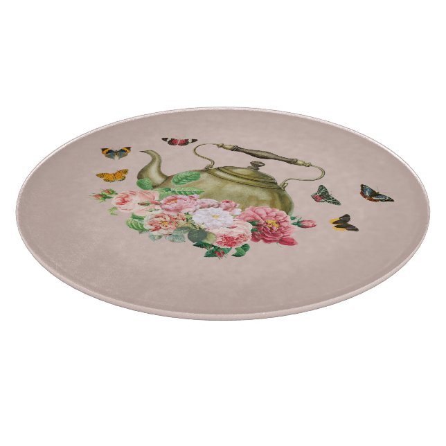 Planche À Découper Théière Fête Rose Floral & Papillons Bouilloire (Coin)
