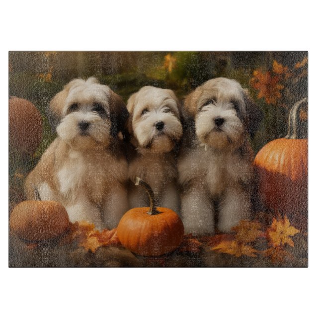 Planche À Découper Tibétain Terrier Chiot Automne Citrouille délice (Devant)