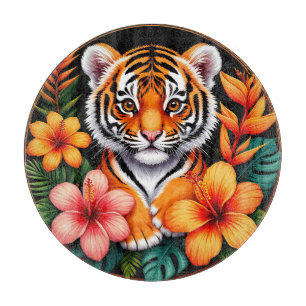 Planche À Découper Tigre entouré de fleurs tropicales