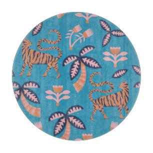 Planche À Découper Tigre rétro, palmier, motif de fleurs
