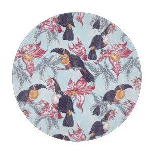 Planche À Découper Toucans avec les fleurs exotiques