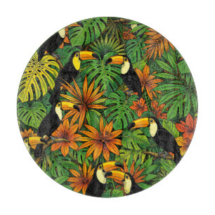 Planche À Découper Toucans Colorés Feuilles de Jungle Tropicale Hibis