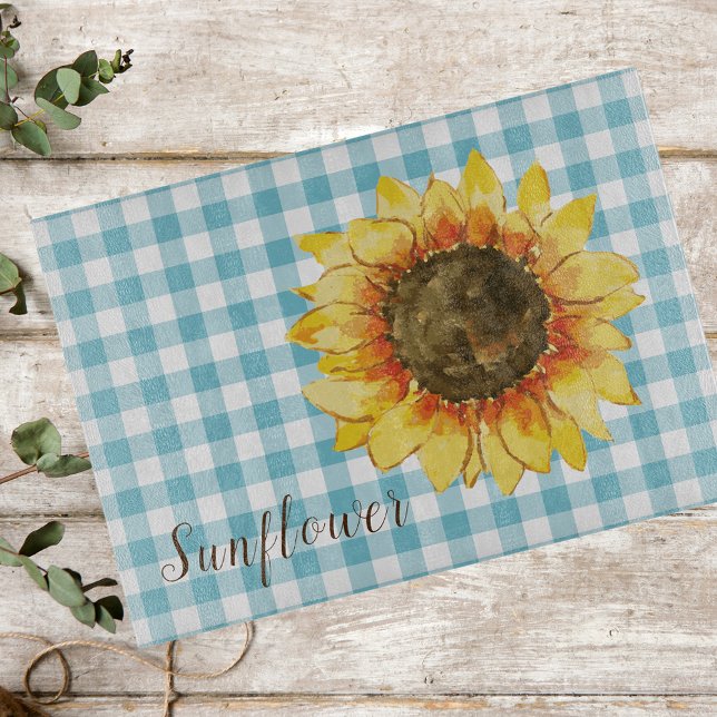 Planche À Découper Tournesol sur Gingham Bleu (Créateur téléchargé)