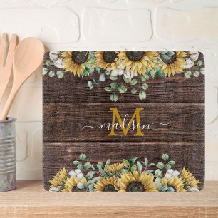Planche À Découper Tournesols Jaunes Eucalyptus Bois Brun Monogramme