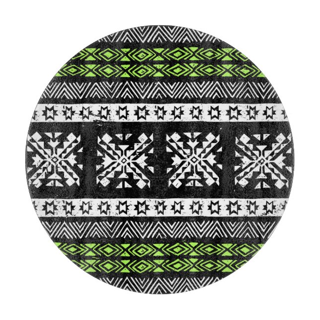 Planche À Découper Tribal Navajo, motif noir blanc vert. (Devant)