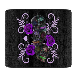 Planche À Découper Triple Black Jour des Morts Crânes Roses Violettes