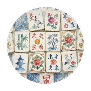 Planche À Découper Tuiles de Mahjong Chinoiserie Fleurs Aquarelles Oi