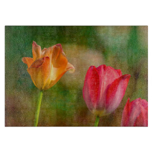 Planche À Découper Tulipes rouges et jaunes sur fond texturé