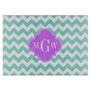 Planche À Découper Turq / Aqua Wht Chevron Lilac 3 Initial Monogram