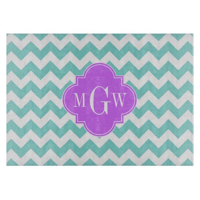 Planche À Découper Turq / Aqua Wht Chevron Lilac 3 Initial Monogram (Devant)