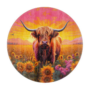 Planche À Découper Vache Highland dans les tournesols à Sunrise