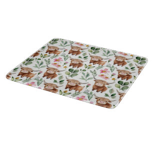 Planche À Découper Vaches Highland et fleurs roses Motif Floral