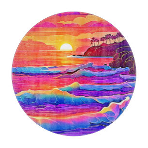 Planche À Découper Vagues au coucher du soleil : rêve côtier vif