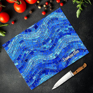 Planche À Découper Vagues de mosaïque bleue élégante en verre teinté