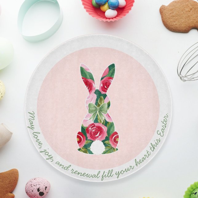 Planche À Découper Verre de lapin de Pâques fleuri personnalisé (Personalized Floral Easter Bunny Glass Cutting Board)