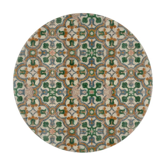 Planche À Découper Vert moutarde floral Azulejos motif géométrique (Devant)