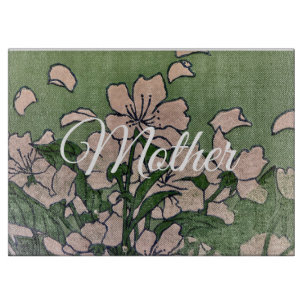 Planche à découper verte à fleurs roses