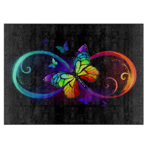 Planche À Découper Vibrant infinity with rainbow butterfly on black