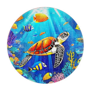 Planche À Découper Vibrant Reef : Le royaume sous-marin de la tortue